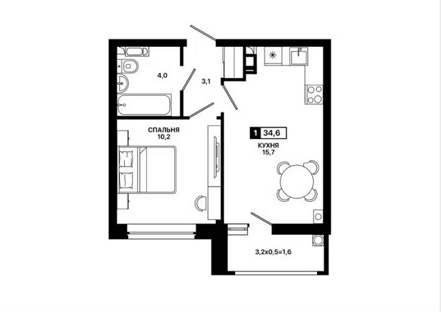 Продаётся 1-комнатная квартира, 34.6 м²