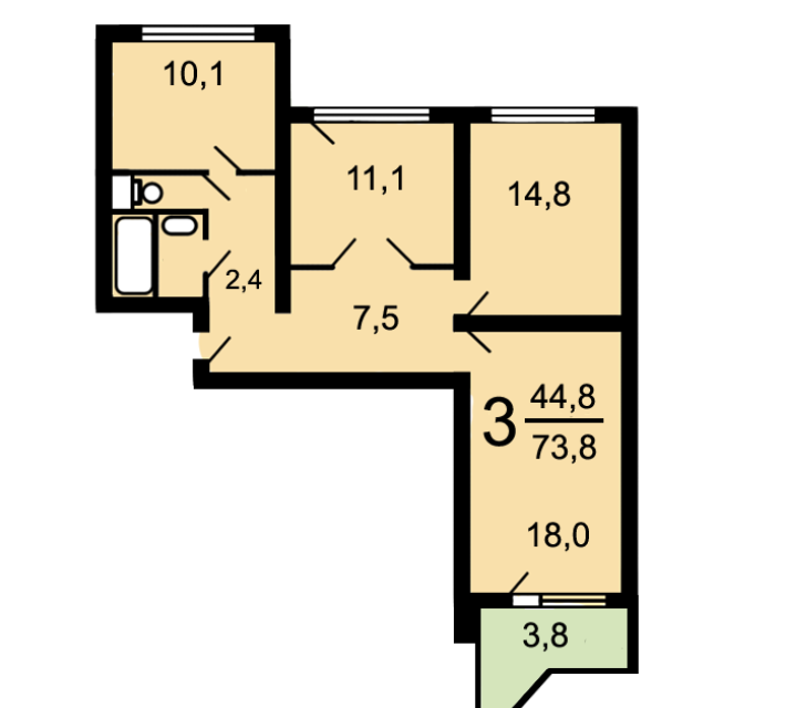Продаётся 3-комнатная квартира, 72.5 м²