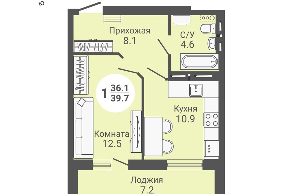 Продаётся 1-комнатная квартира, 39.7 м²
