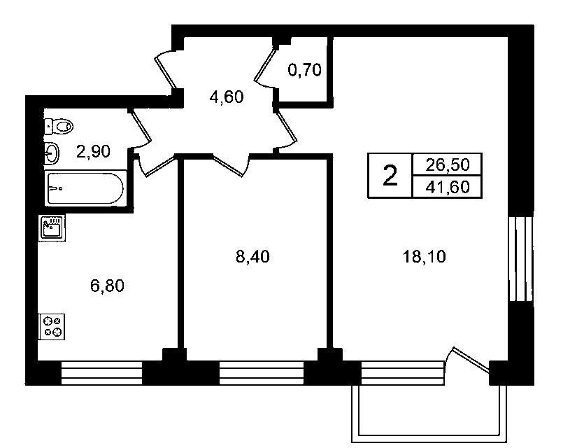 Продаётся 2-комнатная квартира, 41.6 м²