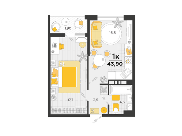 Продаётся 1-комнатная квартира, 46 м²