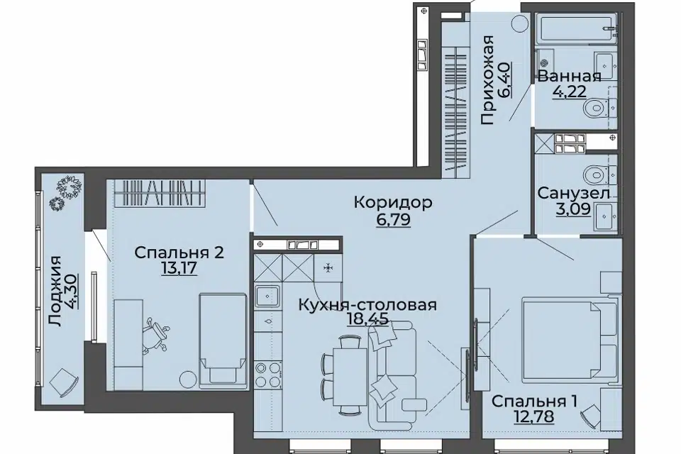 Продаётся 2-комнатная квартира, 69.2 м²