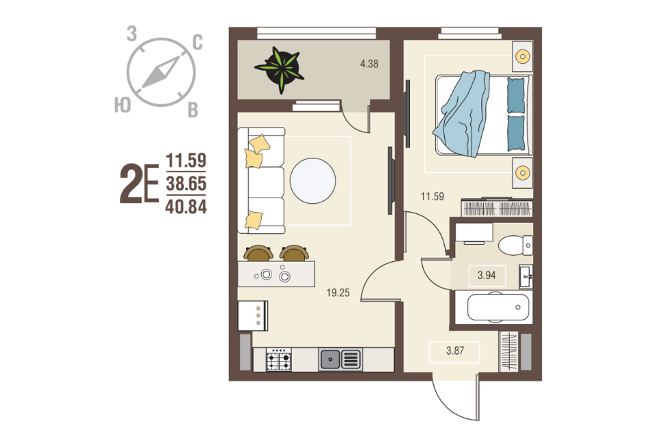 Продаётся 1-комнатная квартира, 38.6 м²