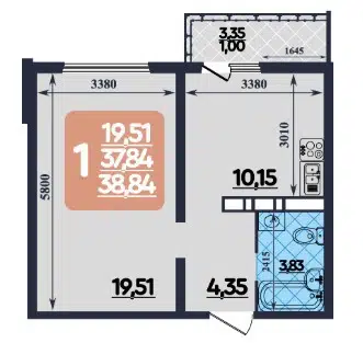 Продаётся 1-комнатная квартира, 38.84 м²