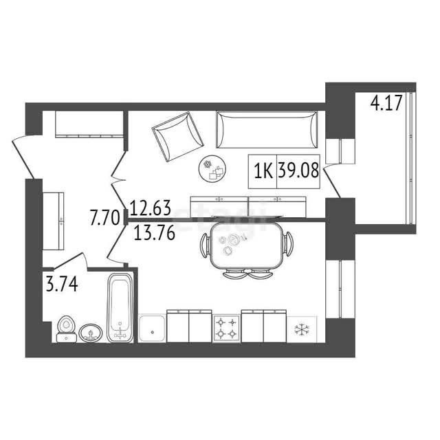 Продаётся 1-комнатная квартира, 39.08 м²