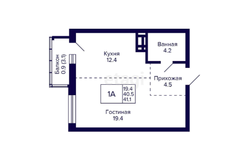 Продаётся 1-комнатная квартира, 41.1 м²