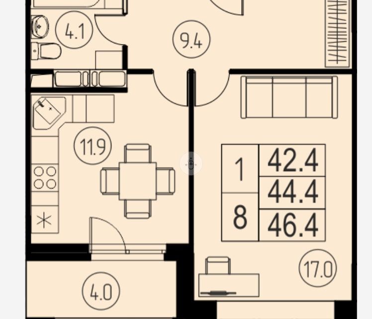 Продаётся 1-комнатная квартира, 42.4 м²