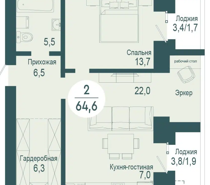 Продаётся 1-комнатная квартира, 64.6 м²