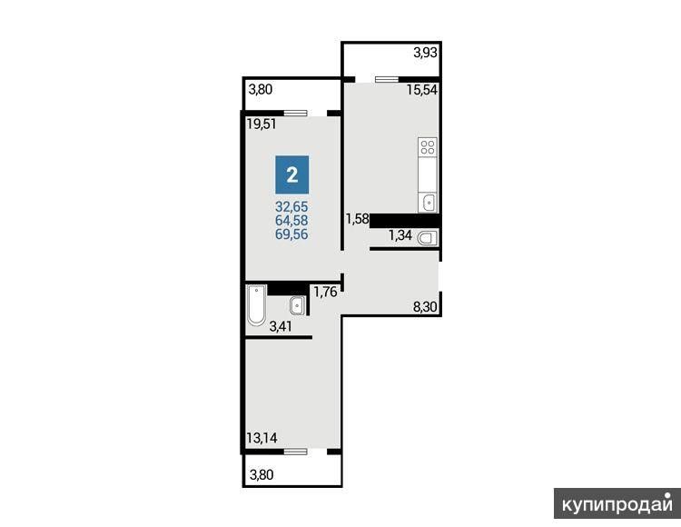 Продаётся 2-комнатная квартира, 64.6 м²