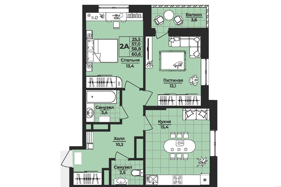 Продаётся 2-комнатная квартира, 59.1 м²