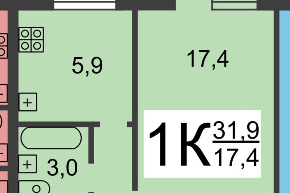 Продаётся 1-комнатная квартира, 31.9 м²