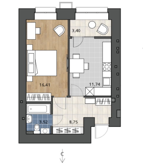 Продаётся 1-комнатная квартира, 41.9 м²