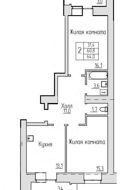 Продаётся 2-комнатная квартира, 60.9 м²