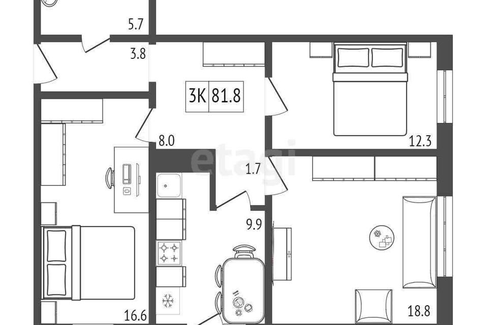Продаётся 3-комнатная квартира, 81.8 м²