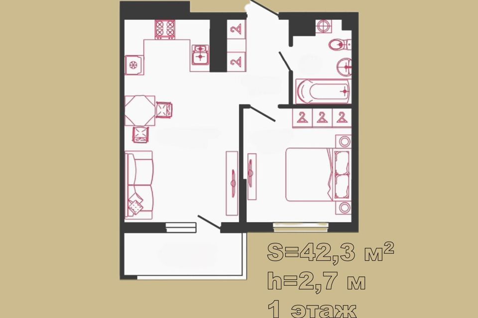 Продаётся 1-комнатная квартира, 42.3 м²