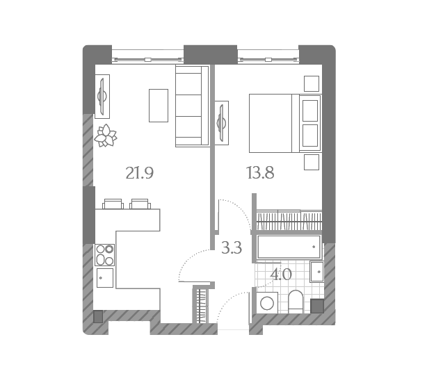 Продаётся 1-комнатная квартира, 43.3 м²