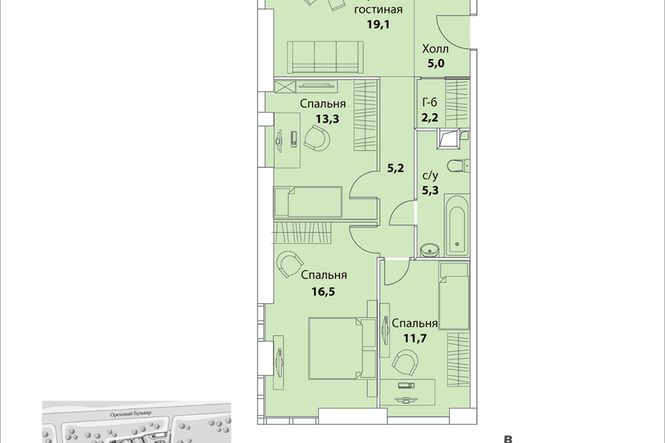 Продаётся 3-комнатная квартира, 81.1 м²