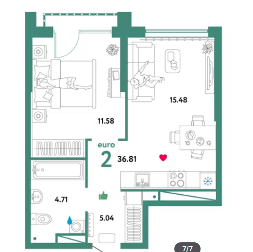 Продаётся 1-комнатная квартира, 36.8 м²
