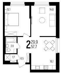 Продаётся 2-комнатная квартира, 57.7 м²