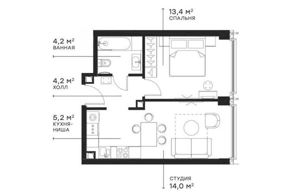 Продаётся 1-комнатная квартира, 40.79 м²