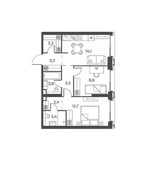 Продаётся 2-комнатная квартира, 56.3 м²