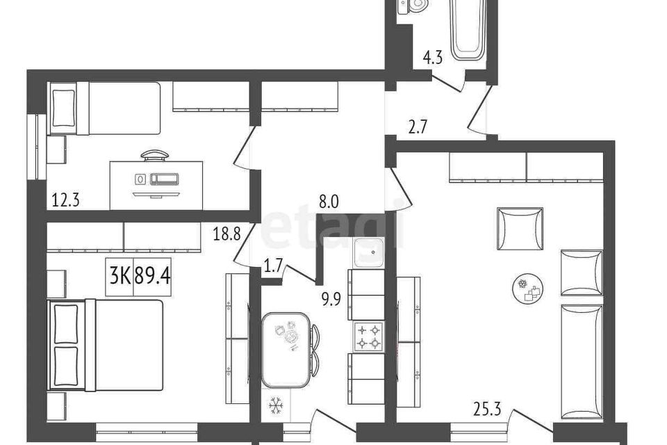 Продаётся 3-комнатная квартира, 89.4 м²