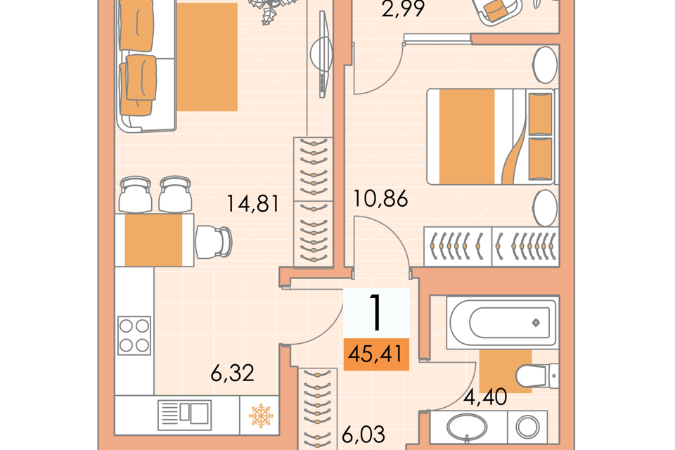 Продаётся 1-комнатная квартира, 45.1 м²