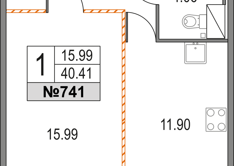 Продаётся 1-комнатная квартира, 40.41 м²