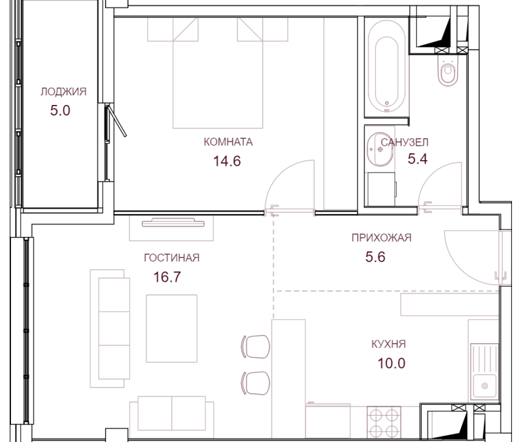 Продаётся 2-комнатная квартира, 54.9 м²