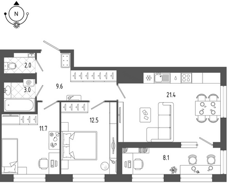 Продаётся 2-комнатная квартира, 64 м²