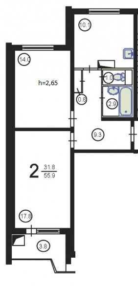 Продаётся 2-комнатная квартира, 55.9 м²