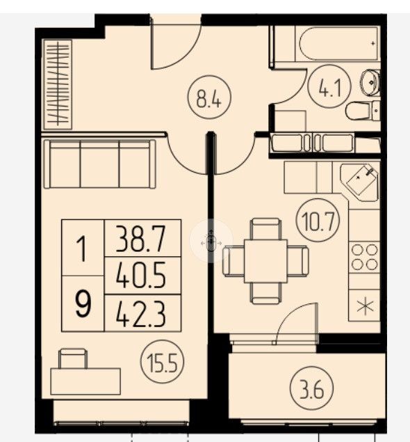 Продаётся 1-комнатная квартира, 38.7 м²
