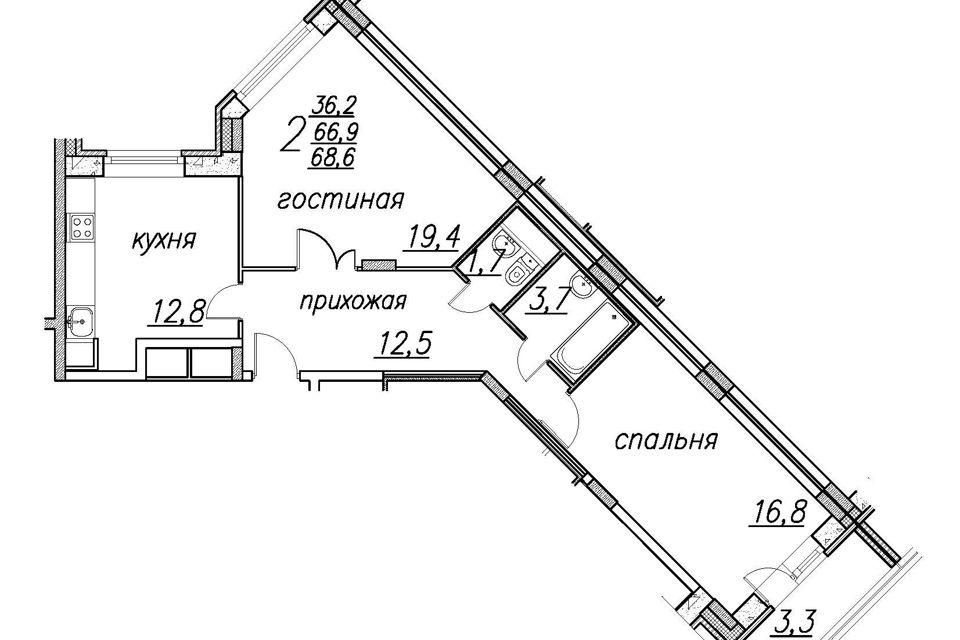 Продаётся 2-комнатная квартира, 69 м²