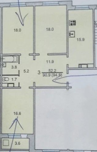 Продаётся 3-комнатная квартира, 90.9 м²