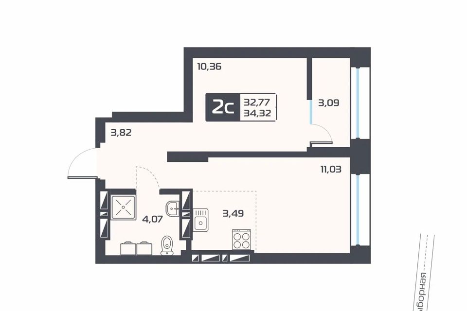 Продаётся 1-комнатная квартира, 34.32 м²