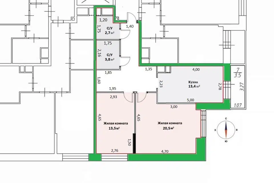Продаётся 2-комнатная квартира, 66.1 м²