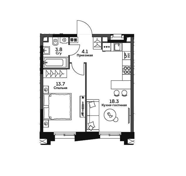 Продаётся 1-комнатная квартира, 39.9 м²