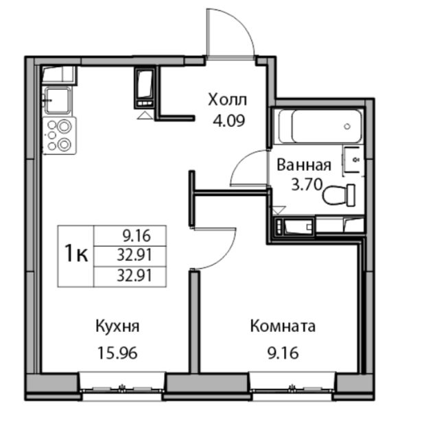 Продаётся 1-комнатная квартира, 32.91 м²