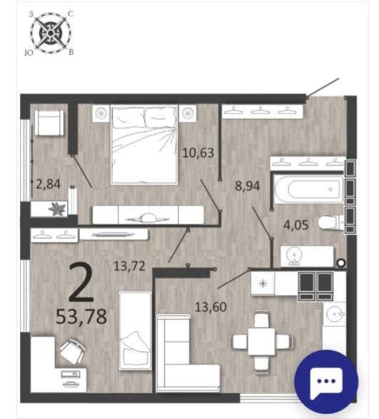 Продаётся 2-комнатная квартира, 53 м²