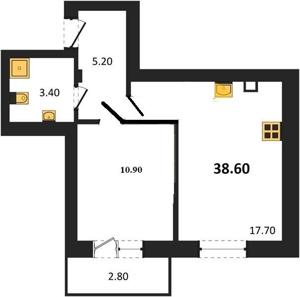 Продаётся 1-комнатная квартира, 38.6 м²
