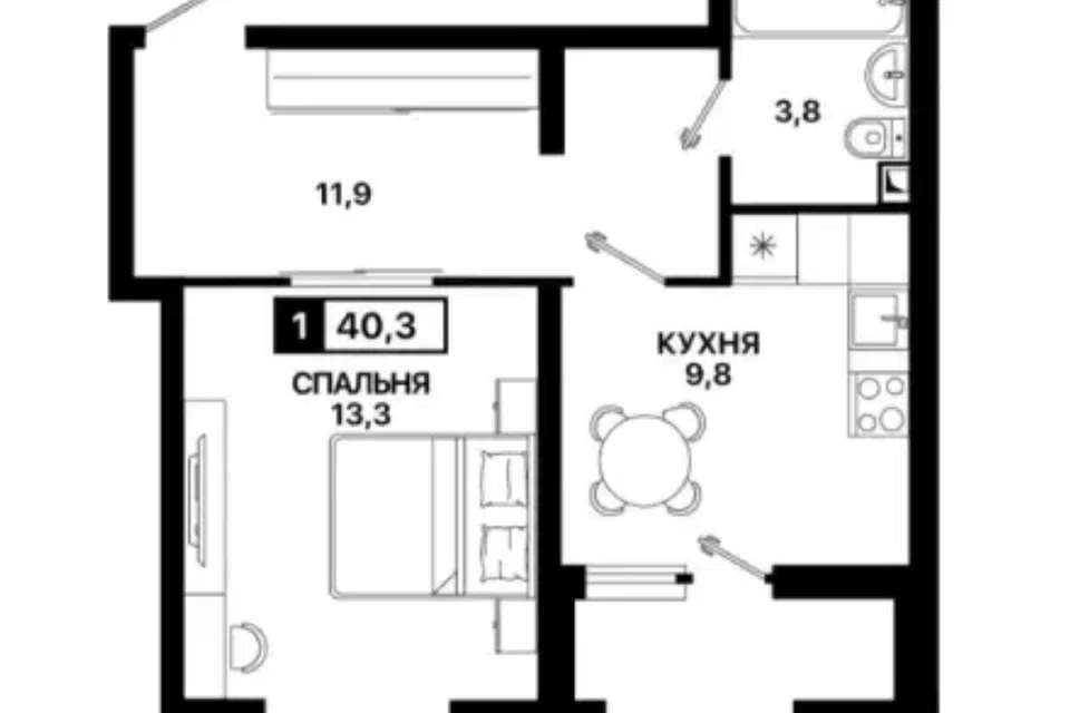 Продаётся 1-комнатная квартира, 40.3 м²