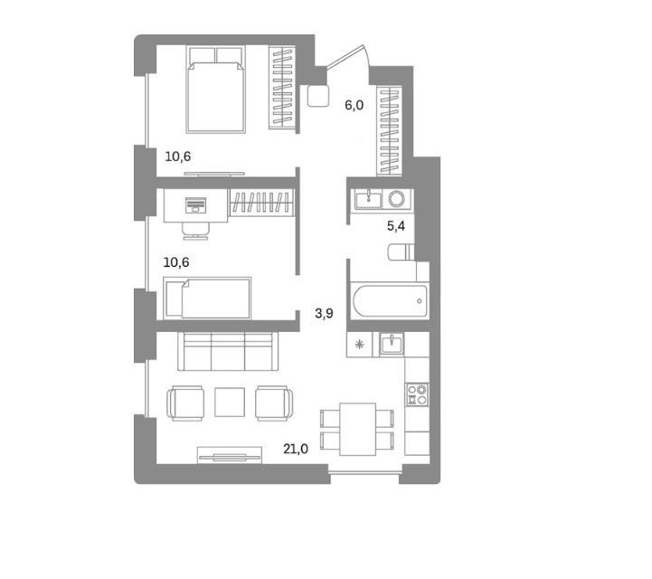 Продаётся 2-комнатная квартира, 57.5 м²