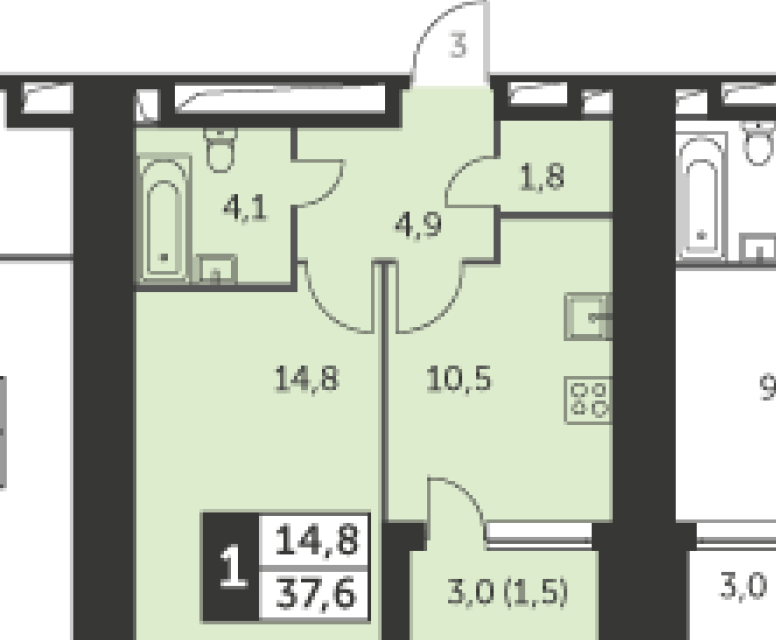 Продаётся 1-комнатная квартира, 37.6 м²