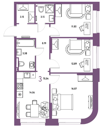 Продаётся 3-комнатная квартира, 75.54 м²