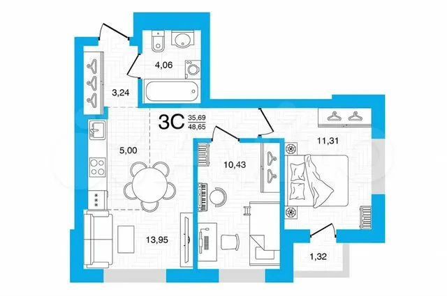 Продаётся 3-комнатная квартира, 48 м²