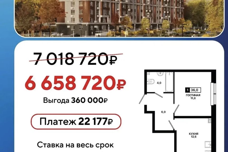 Продаётся 1-комнатная квартира, 36 м²