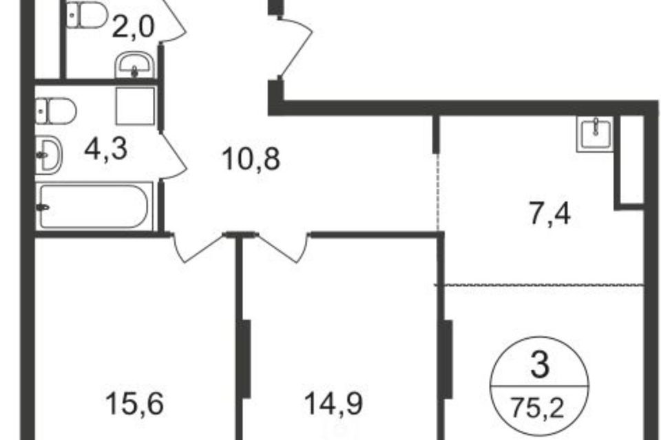 Продаётся 3-комнатная квартира, 75.2 м²