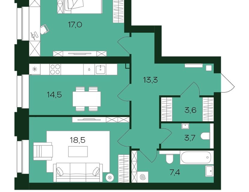Продаётся 2-комнатная квартира, 78.2 м²