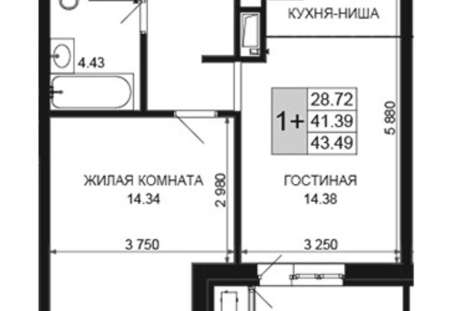 Продаётся 1-комнатная квартира, 43.49 м²