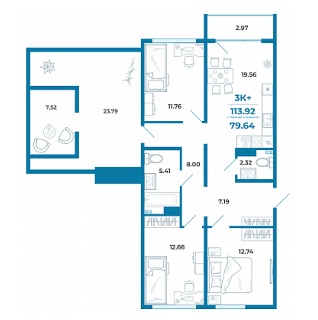Продаётся 3-комнатная квартира, 79.64 м²